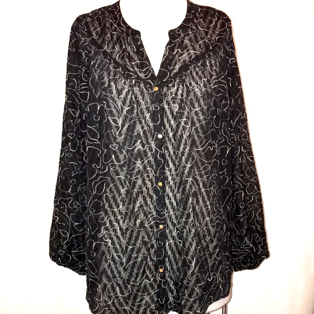 ❤️ Women’s NWT STUDIO EB Chiffon Black & White Textured Patterned Blouse Sz XL